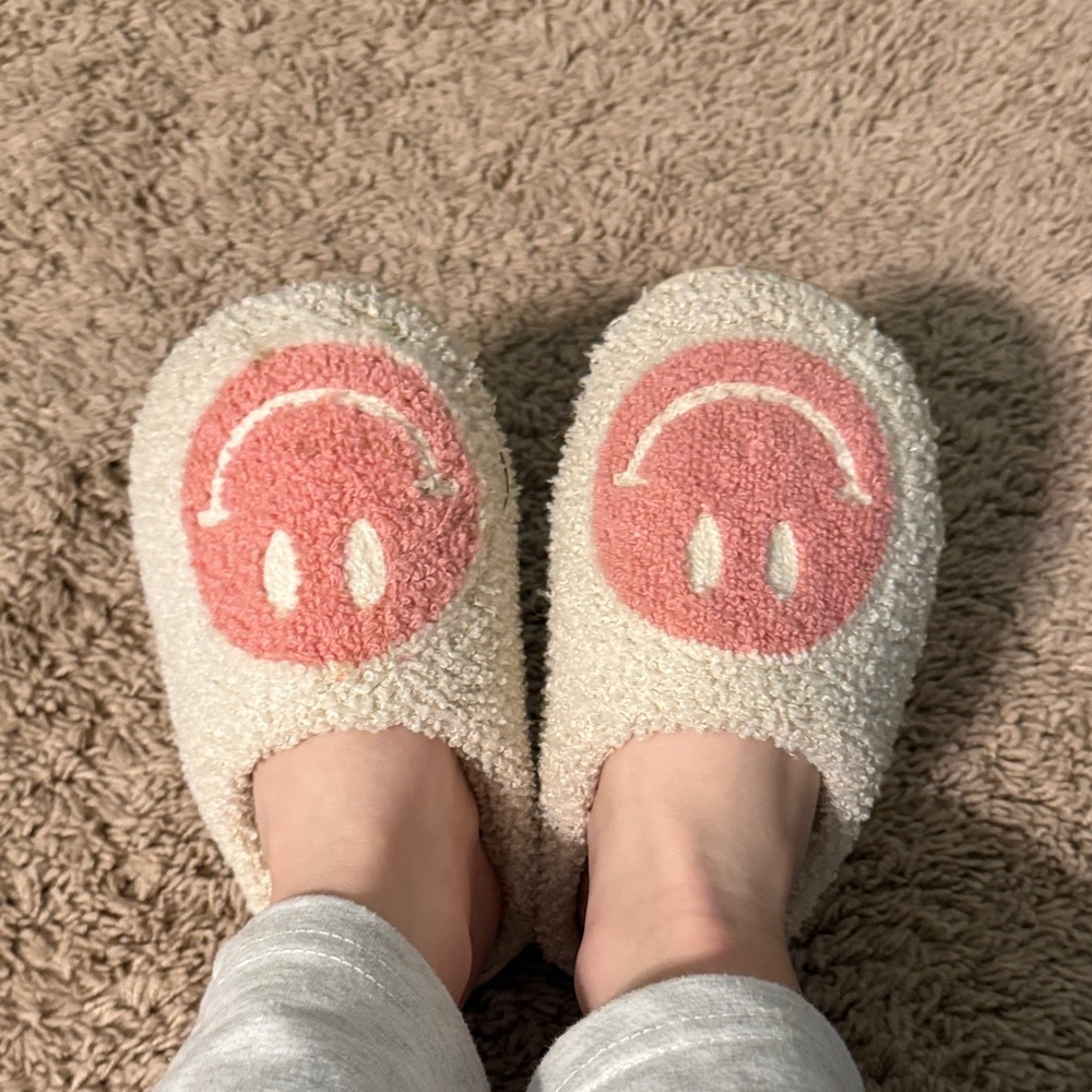 Cozy Cream Slippers with Pink Smiley Face